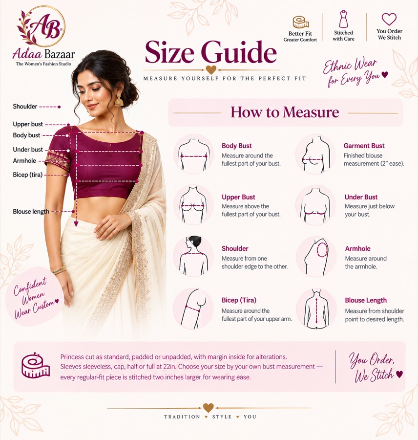How to measure: body bust, upper bust, under bust, shoulder, armhole, bicep
                      and blouse length, with the tape shown in place for each.