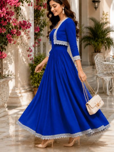 Adaa Bazaar Women's Cotton Cambric Calf-Length Dress with Half Jacket