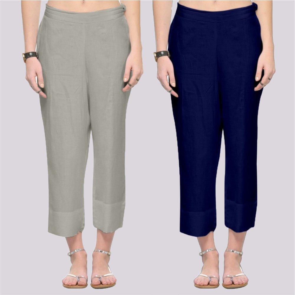 Adaa Bazaar Women's Combo of 2 Rayon Ankle Length Pant Gray and Blue