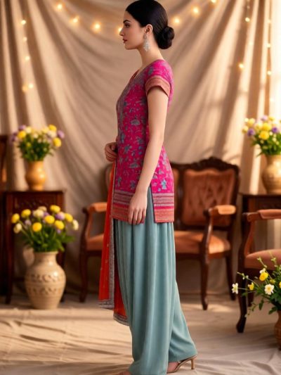 Adaa Bazaar Women's Readymade Party Wear Magenta and Sky Patiala Suit with Orange Dupatta