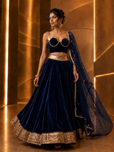 Adaa Bazaar Women’s Designer Velvet Lehenga Choli Set with Dupatta