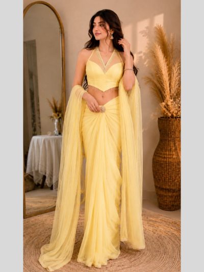 Adaa Bazaar Georgette Embellished Pre-Draped Skirt Set with Designer Halter Blouse and Dupatta