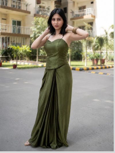 Adaa Designer Organza Drape Skirt with Sweetheart Neck Corset Blouse & Organza Dupatta