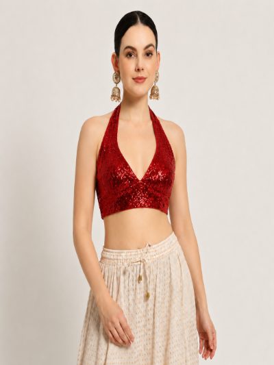 Adaa Bazaar Sequins Party Wear Cut Sleeves Stitched Halter Neck Blouse