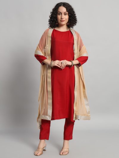 Adaa Bazaar Women's Readymade Suit (red) with Dupatta