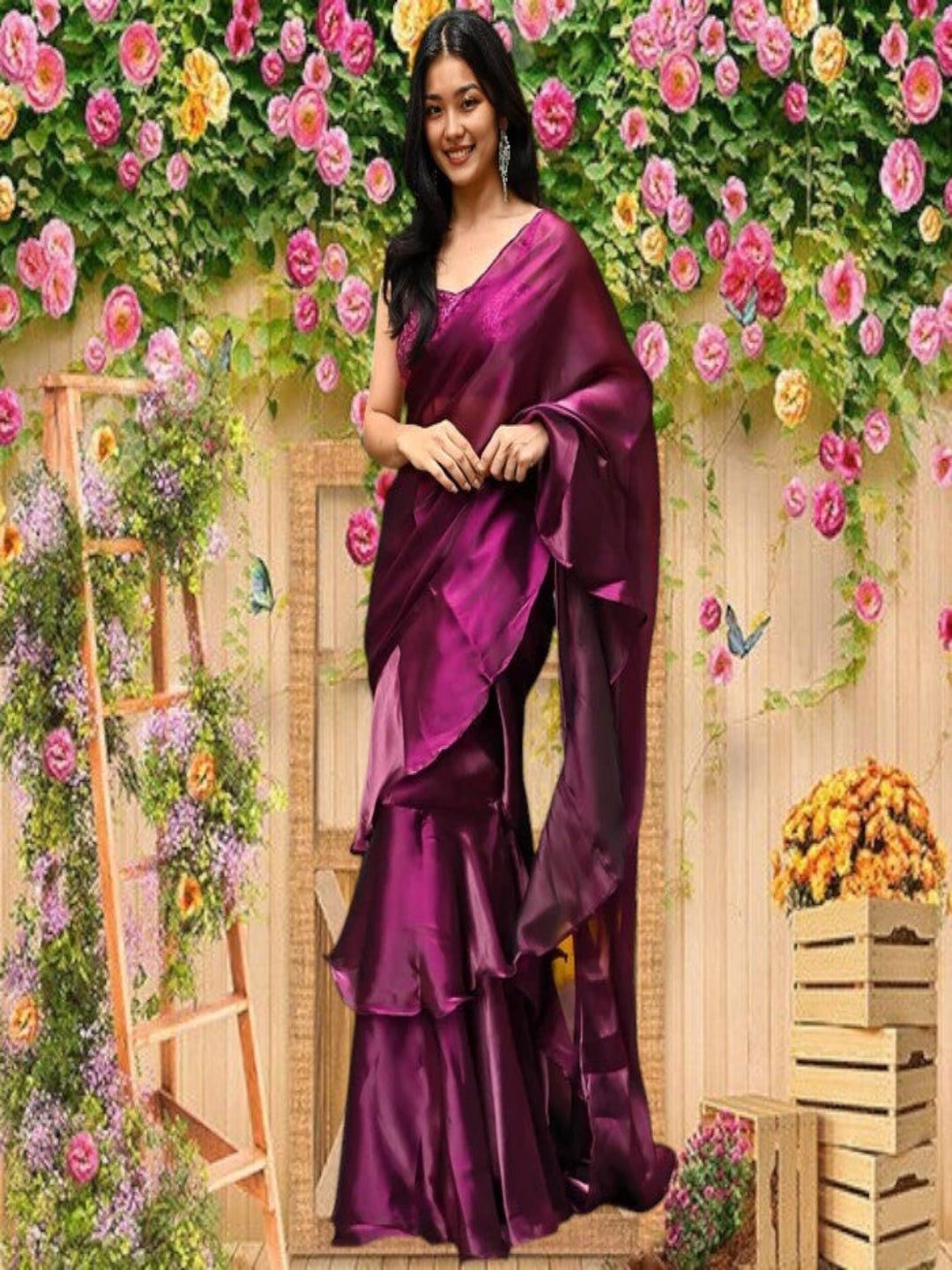 Adaa Bazaar Women's Indo-Western Ready to Wear Saree with Stitched Blouse