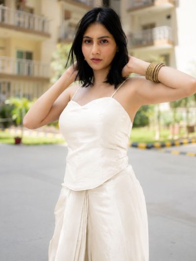 Adaa Designer Organza Drape Skirt with Sweetheart Neck Corset Blouse & Organza Dupatta