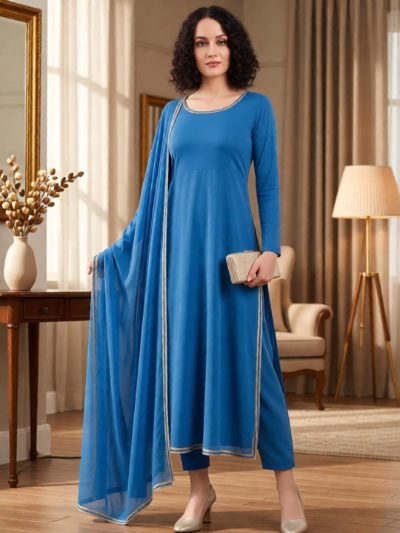 Adaa Bazaar Women's Royal Blue Faux Georgette Lace Work Pant Suit