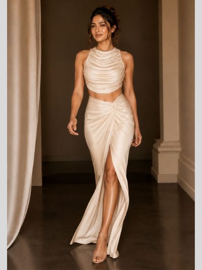 Adaa Bazaar Satin Draped Skirt Set with Ruched Halter Neck Crop Top