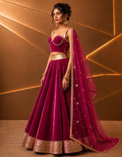 Adaa Bazaar Women’s Designer Velvet Lehenga Choli Set with Dupatta