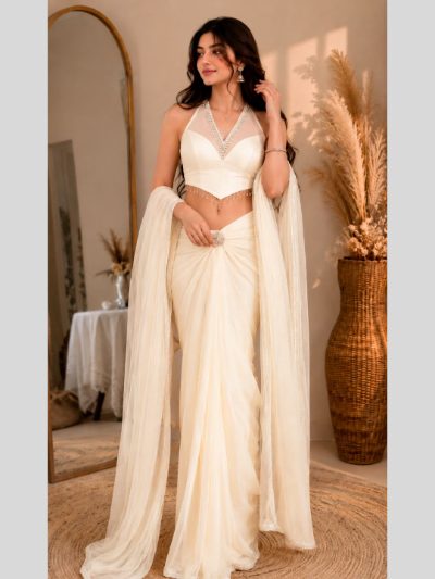 Adaa Bazaar Georgette Embellished Pre-Draped Skirt Set with Designer Halter Blouse and Dupatta