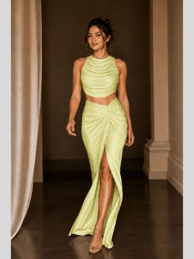 Adaa Bazaar Satin Draped Skirt Set with Ruched Halter Neck Crop Top