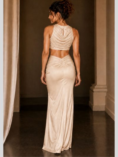 Adaa Bazaar Satin Draped Skirt Set with Ruched Halter Neck Crop Top