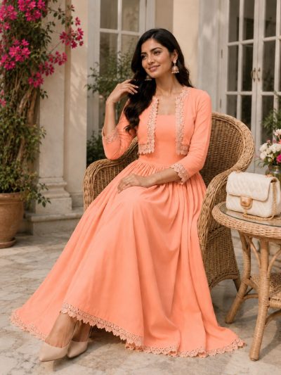 Adaa Bazaar Women's Cotton Cambric Calf-Length Dress with Half Jacket