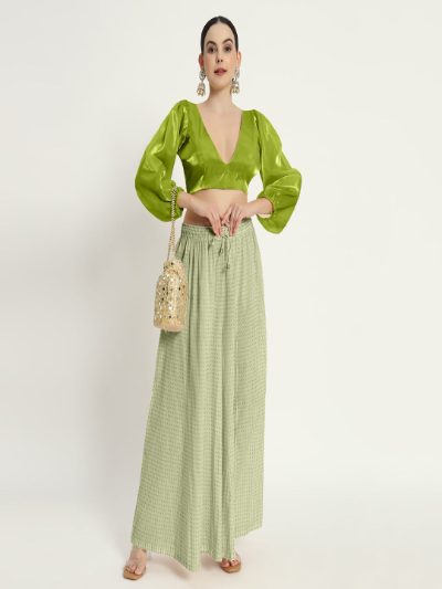 Neon V Neck Full Sleeves Blouse with Organza Fabric