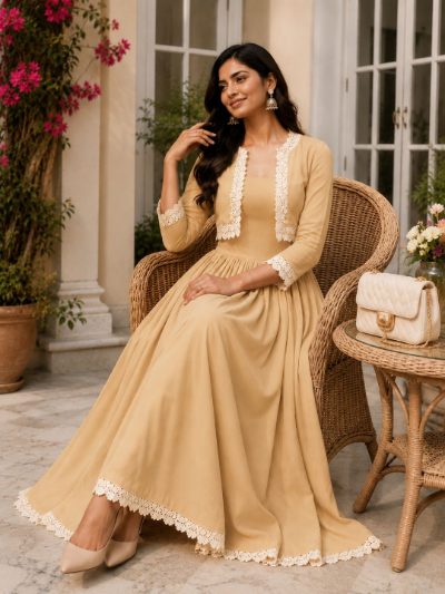 Adaa Bazaar Women's Cotton Cambric Calf-Length Dress with Half Jacket