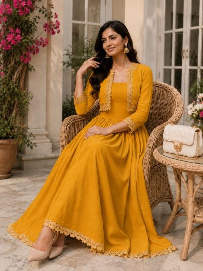 Adaa Bazaar Women's Cotton Cambric Calf-Length Dress with Half Jacket