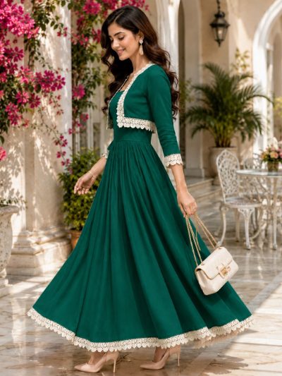 Adaa Bazaar Women's Cotton Cambric Calf-Length Dress with Half Jacket