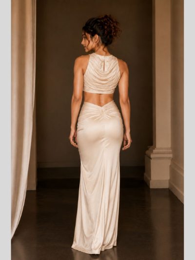 Adaa Bazaar Satin Draped Skirt Set with Ruched Halter Neck Crop Top