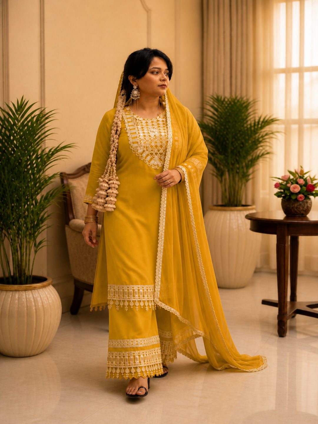 Adaa Bazaar Women's Yellow Colour Sequin and Mirror Work Suits with Dupatta