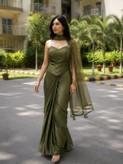 Adaa Designer Organza Drape Skirt with Sweetheart Neck Corset Blouse & Organza Dupatta