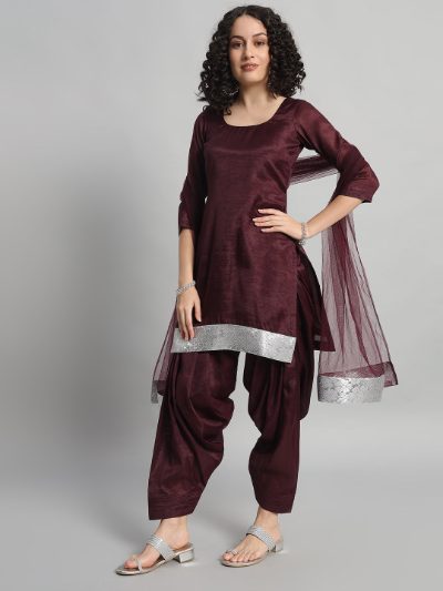 Adaa Bazaar Women's Readymade Patiala Suit (wine) with Dupatta