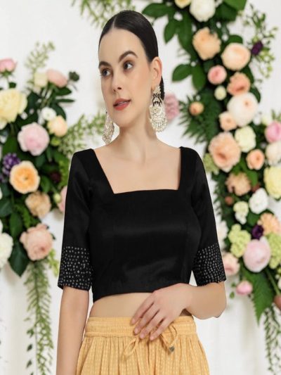 Adaa Bazaar Women's Handmade Black Blouse with Stone Work Half Sleeves