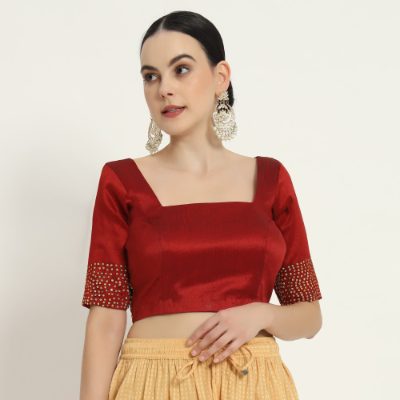 Adaa Bazaar Women's Handmade Red Blouse with Stone Work Half Sleeves
