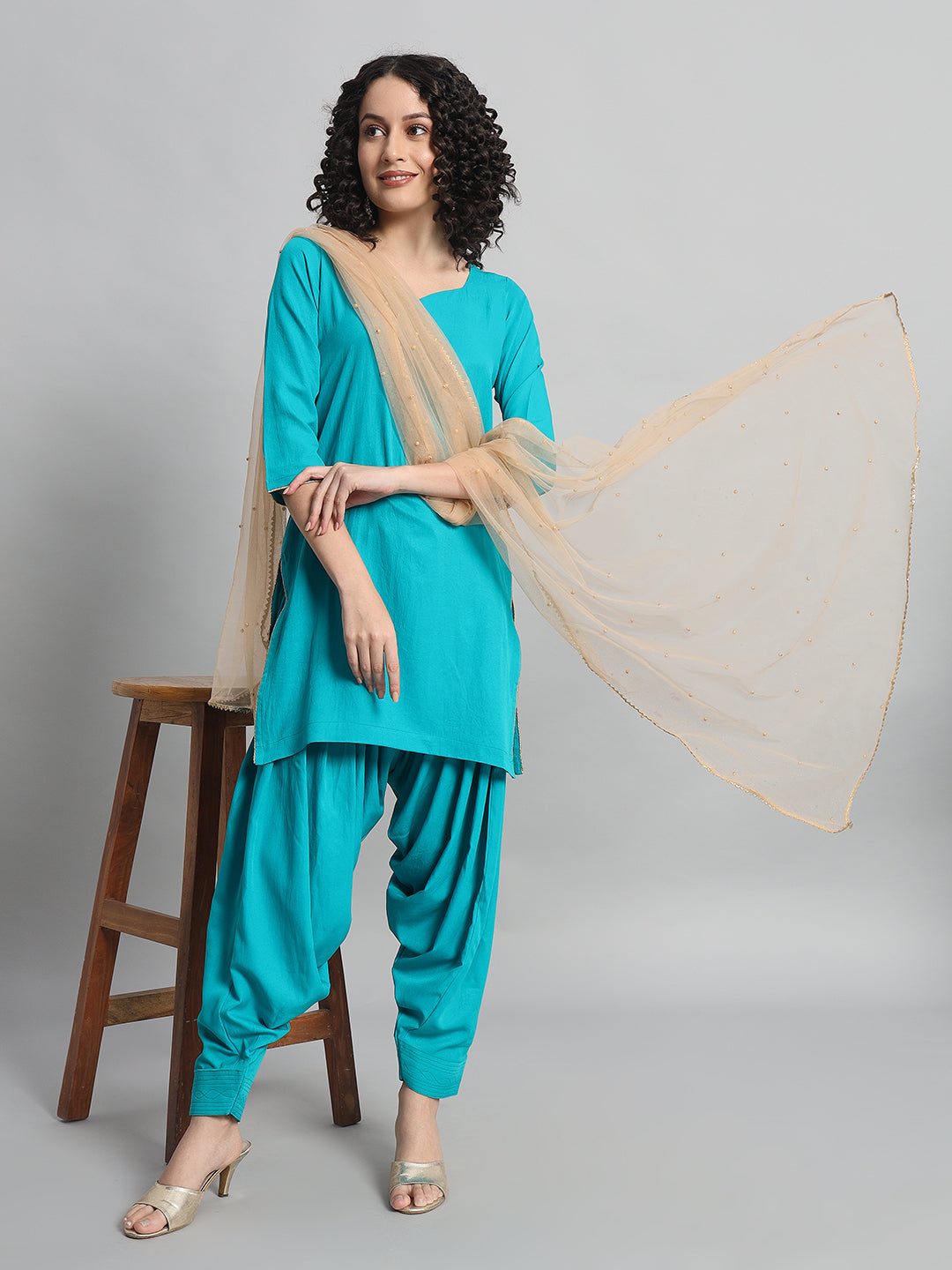Adaa Bazaar Women's Readymade Patiala Suit (firozi) with Light Gold Dupatta