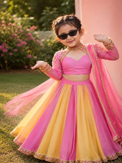 Adaa Bazaar Girls Pink & Yellow Hand Embroidery Lehenga Choli Set | Lightweight Festive Wear