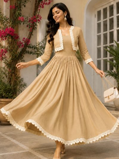 Adaa Bazaar Women's Cotton Cambric Calf-Length Dress with Half Jacket