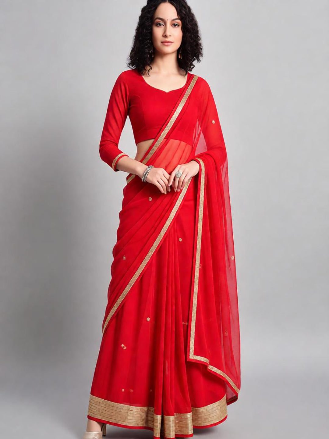 Adaa Bazaar Women's Red Ready-To-Wear Saree with Stitched Blouse