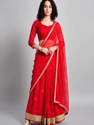 Adaa Bazaar Women's Red Ready-To-Wear Saree with Stitched Blouse