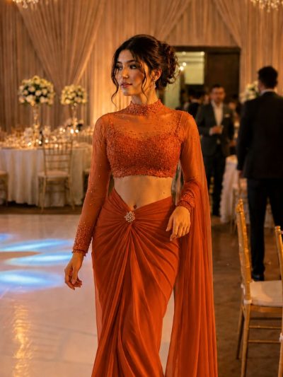 Adaa Bazaar Designer Georgette Drape Skirt Set with Embellished High Neck Full Sleeve Blouse & Dupatta