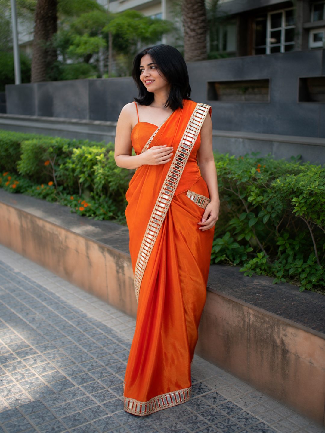 Adaa Bazaar Women's Partywear Silk Saree with Real Mirror Work Border & Designer Blouse