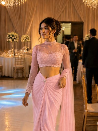 Adaa Bazaar Designer Georgette Drape Skirt Set with Embellished High Neck Full Sleeve Blouse & Dupatta