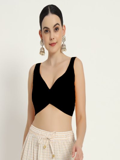 Black Sweetheart Neck Cut Sleeves Blouse with Front Curve Design