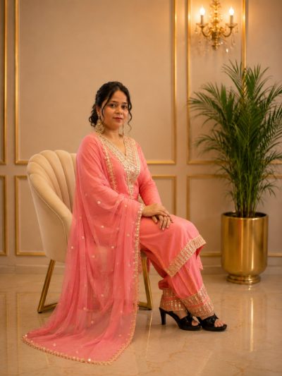 Adaa Bazaar Women's Pink Colour Sequin and Mirror Work Suits with Dupatta