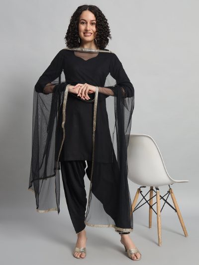 Adaa Bazaar Women's Readymade Patiala Suit (black) with Black Dupatta