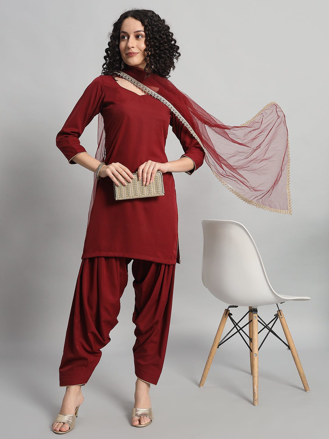 Adaa Bazaar Women's Readymade Patiala Suit (maroon) with Dupatta