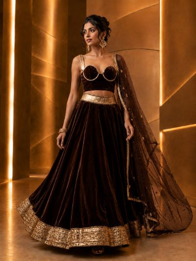 Adaa Bazaar Women’s Designer Velvet Lehenga Choli Set with Dupatta