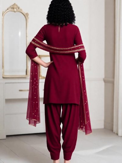 Adaa Bazaar Women's Wine Long Kurti -Pant with Dupatta
