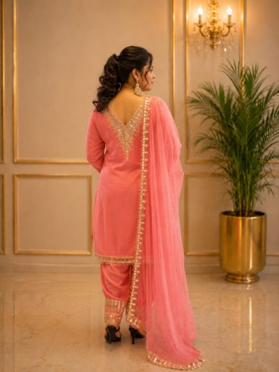 Adaa Bazaar Women's Pink Colour Sequin and Mirror Work Suits with Dupatta