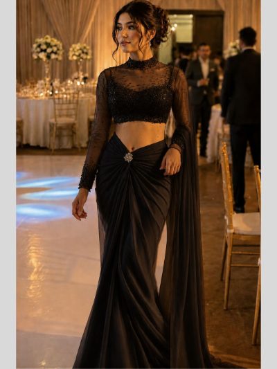 Adaa Bazaar Designer Georgette Drape Skirt Set with Embellished High Neck Full Sleeve Blouse & Dupatta