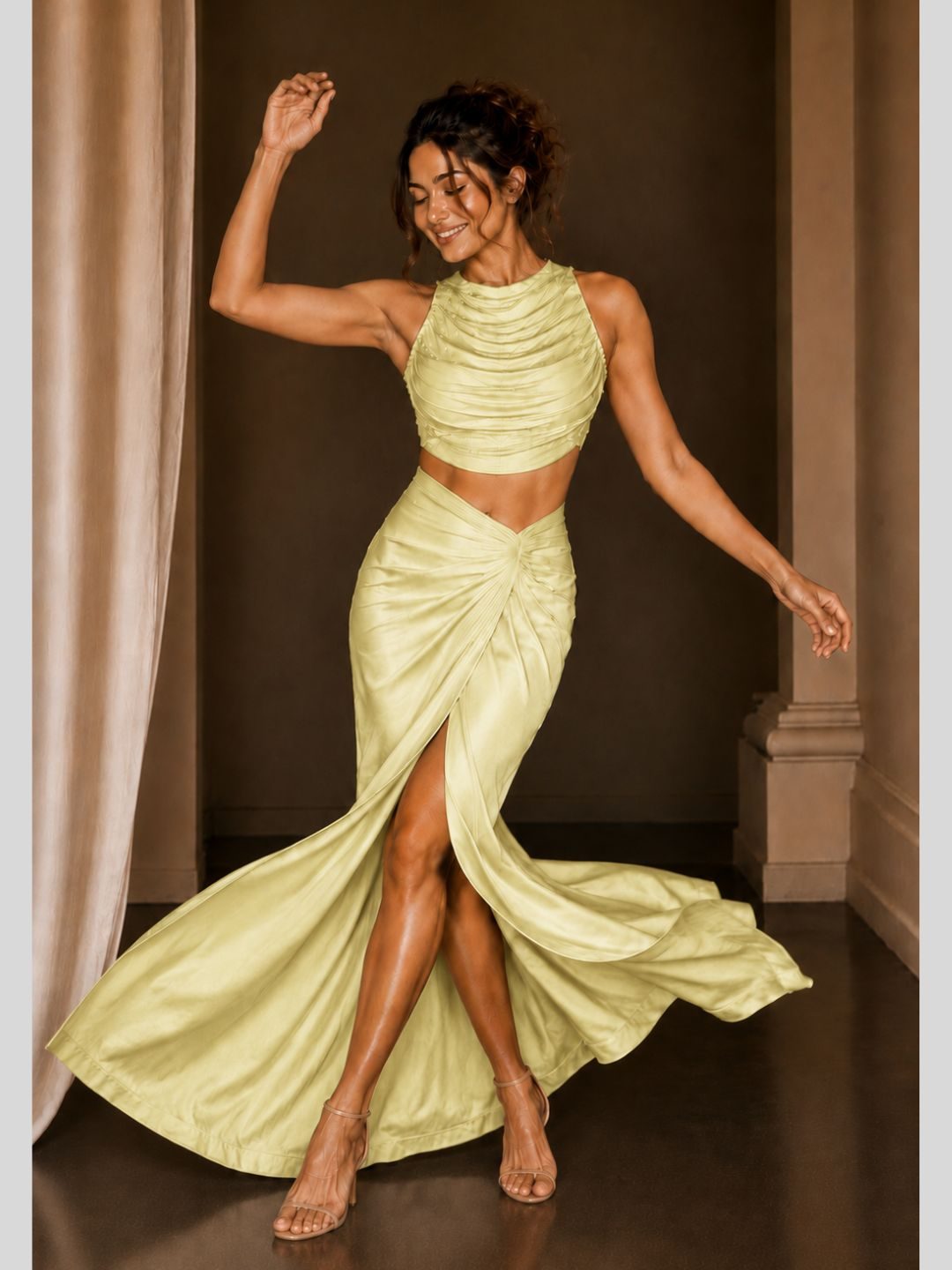 Adaa Bazaar Satin Draped Skirt Set with Ruched Halter Neck Crop Top