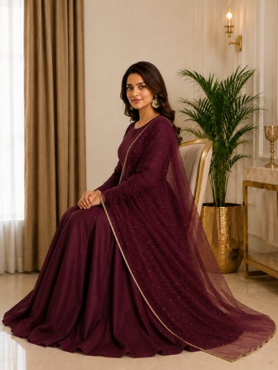 Adaa Bazaar Women's Anarkali Suit (wine ) with Dupatta
