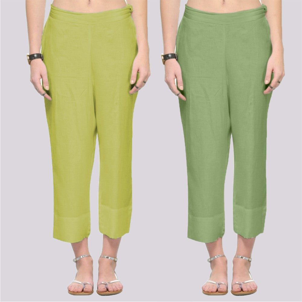 Adaa Bazaar Women's Combo of 2 Rayon Ankle Length Pants in Light Green and Olive Green