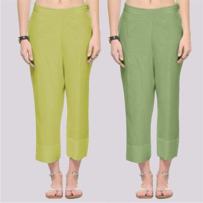 Adaa Bazaar Women's Combo of 2 Rayon Ankle Length Pants in Light Green and Olive Green