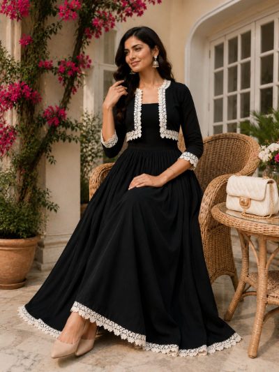 Adaa Bazaar Women's Cotton Cambric Calf-Length Dress with Half Jacket