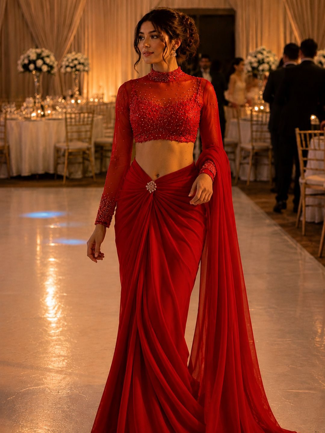 Adaa Bazaar Designer Georgette Drape Skirt Set with Embellished High Neck Full Sleeve Blouse & Dupatta